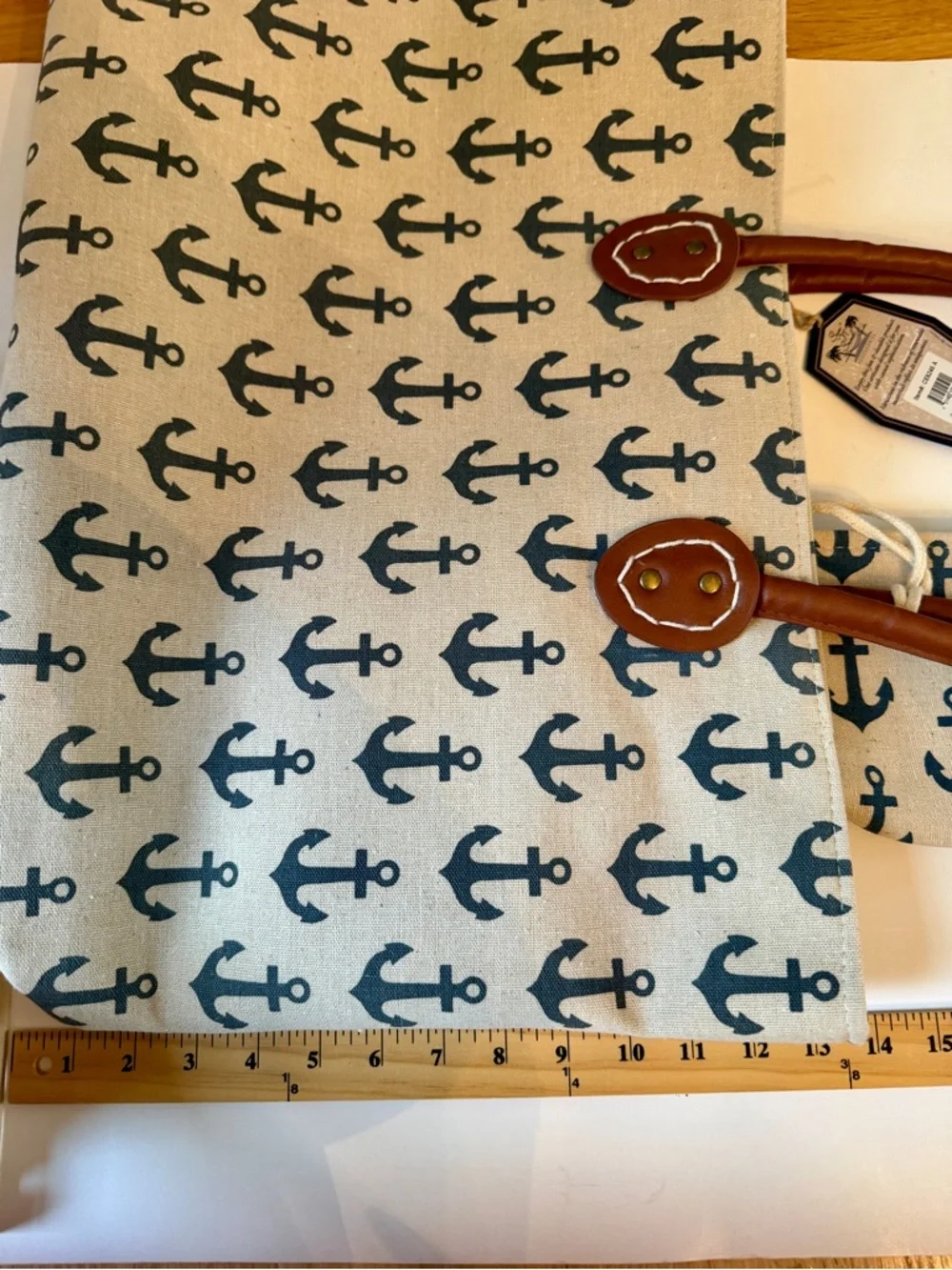 Reduced!! NWT Sun 'N' Sand Canvas Nautical Anchor Print Tote with Brown Handles - Picture 12 of 16